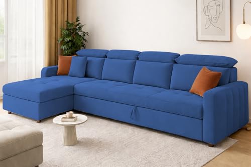 Image of Casaliving Gagnon LHS 6 Seater L Shape Corner Sofa Cum Bed for Living Room (Blue Fabric) Premium Fabric Sofa