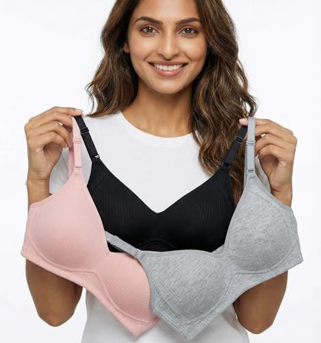 Image of DClub Women's Light Padded Cotton Bra | Wire-Free, Medium Coverage, Sewn-in Bump for Natural Lift. (Pack of 3)