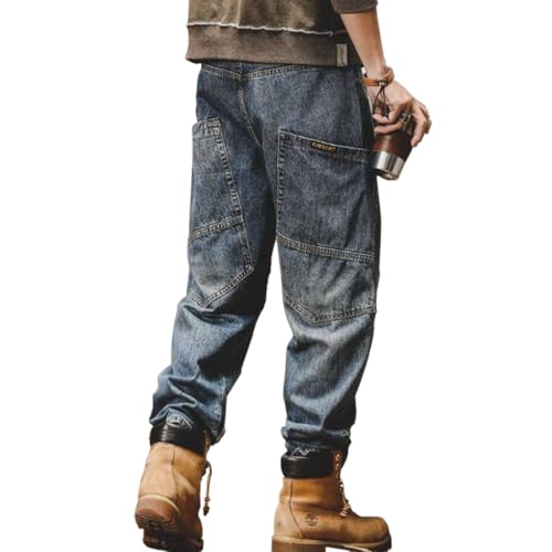 HZCX FASHION Men Hip Hop Steampunk Baggy Jeans Y2K Streetwear Pants Vintage Rock and Roll Cargo Denim Pants with Big Pockets