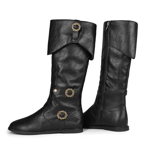 Galindopia Unisex Renaissance Faire Cosplay Schuhe Jahrgang Mid Stiefel Fold Over Medieval Herren Costume Witch Pirate Viking Tied Schuhe Flach Victorian Stiefel Black Size 43