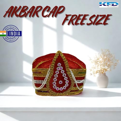 Image of Kaku Fancy Dresses Akbar Mughal King Pagdi Turban Safa Traditional Royal Headgear for Kids | Fancy Dress Costume Accessory for Historical Plays & Cultural Events - Red