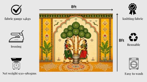 Image of roka Ceremony Decoration Backdrop | Wedding Ceremony Backdrop | Ethnic Indian Yellow Backdrop with Two Women, Tree, and Banana Leaves 8x8 Feet | varalakshmi Pooja Backdrop