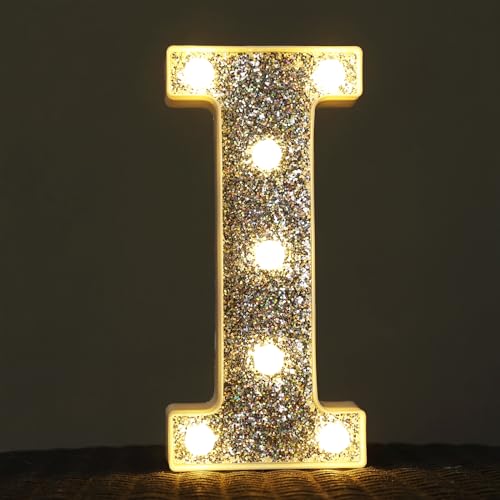 Image of Light Up Letters, Marquee Light Letter for Table Decorations, Glitter Light Up Signs for Prom, Events, or Engagement Party Decor, Featuring Alphabet & Number Lighted Letters, Letter I