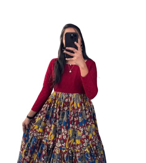 Women Maroon Kalamkari Print Anarkali Gown Dress | Stylish Flared Ethnic Maxi Dress for Women-image-19