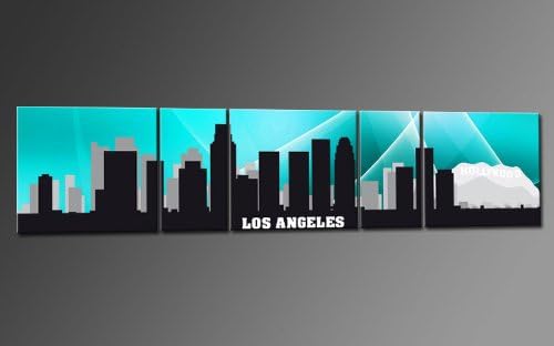 XXL WALLART USA Panorama CITY SKYLINE Los Angeles FADES CYAN CANVAS 5 PANELS Ready to Hang Framed Wall Art Decor Hand-made with Passion, Cheaper than Oil painting Wallprint Giclee USP500789