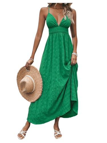 Image of Milumia Women's Summer V Neck Backless Maxi Dress Boho Spaghetti Strap A Line Flowy Beach Long Sundress