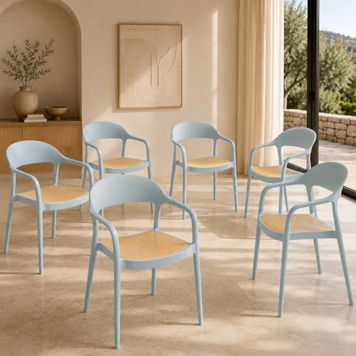 Image of Rattan Style Outdoor Chair | Set of 6 Sky Blue Plastic Arm Chair for Garden, Balcony, Patio & Cafe | Lightweight Weather Resistant Seating | 3 Year Manufacturing Warranty