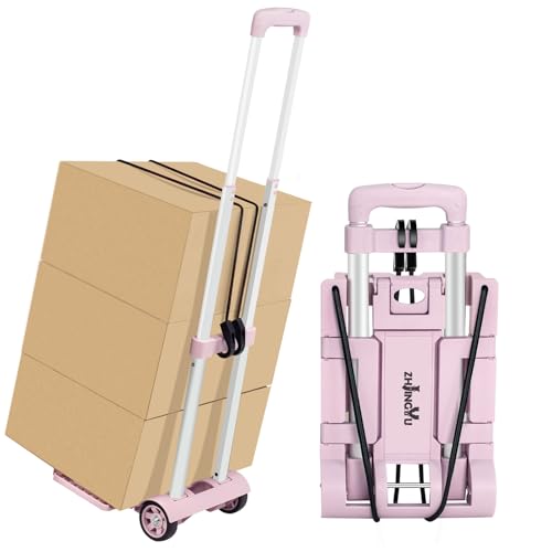 Folding Dolly Pink Hand Cart Folding Hand Truck Aluminum Trolley Small Dolly Foldable Hand Cart 2 Wheel Luggage Trolley Expandable Large Chassis Foldable into Backpack Car Trunk