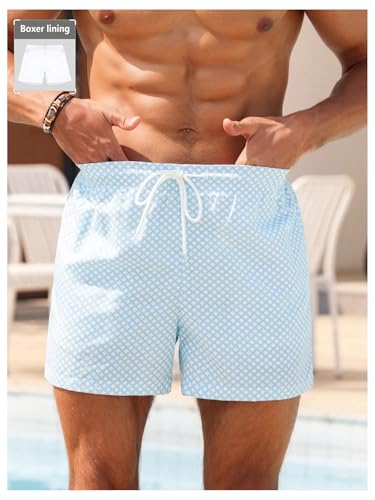 WDIRARA Men's Plaid Drawstring Waist Swim Trunks Vacation Beach Shots with Compression Liner4