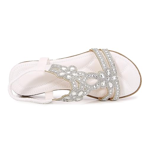 Image of iCKER Womens Rhinestone Strappy Flat Sandals Elastic Ankle Strap Open‑Toe | Sparkling,for wedding,party,evening dates,special occasion,Vacation,Formal