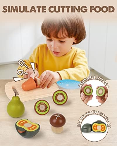 Lehoo Castle Wooden Play Food Toys, Kids Toddlers Play Kitchen Accessories Cutting Fruits Vegetables Toy with Shopping Bag, Pretend Play Educational Toy Gift for Boys Girls 3+