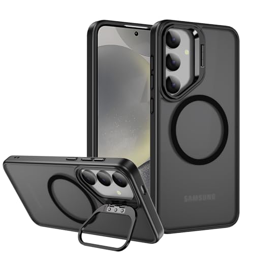 DIZORO Samsung Galaxy S24 Case Compatible with Mag Safe Wireless Charging, with Camera Stand, Military Grade Drop Tested,Translucent Hard Back Soft Edge Back Cover (Black)