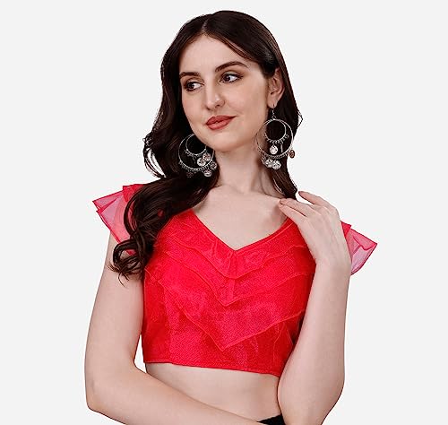 Image of Pujia Mills Women's V Neck Orgenza Three Layer Ruffle Sleeve Frill Readymade Saree Blouse