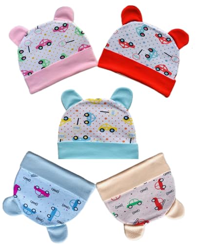 Wavva® 100% Cotton New Born Baby Cap with Ears (Unique Design) for 0-6 Months | Cotton Baby Cap for Baby boy|Girls| Unisex Durable Gift Set. (Multi-Color)