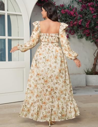 Women's Floral Puff Long Sleeve Maxi Dress Sexy Sweetheart Corset Boho Chiffon Flowy Smocked Long Dresses4