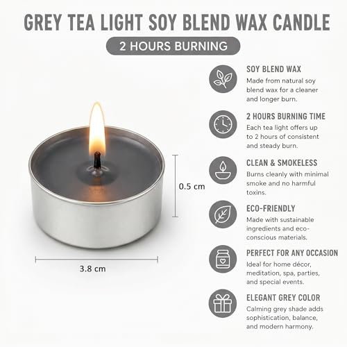 Image of Unscented Tea Light Candles | Soy Wax Blend Long-Lasting with Cotton Wick | Perfect for Home Decor, Parties, Weddings, and More | Set of 100 (Grey)