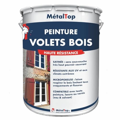 Metaltop Peinture Volets Bois - Blanc pur - RAL 9010-5 L Microporeuse, anti-UV, anti-humidité, haute protection 15 ans