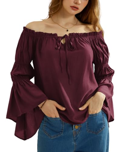 Women Renaissance Shirts Off shoulder Bell Sleeve Tops Ruffle Flowy