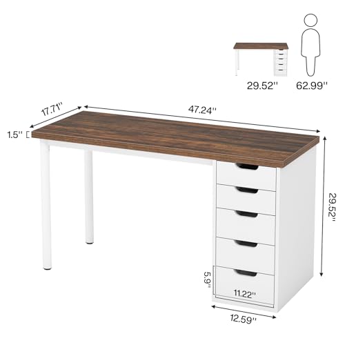 Image of Tribesigns Computer Desk with 5 Drawers, 47 inches Rustic Brown Home Office Desk with Storage, Modern Simple Laptop Desk Study Writing Table for Small Spaces (1, Brown+White)