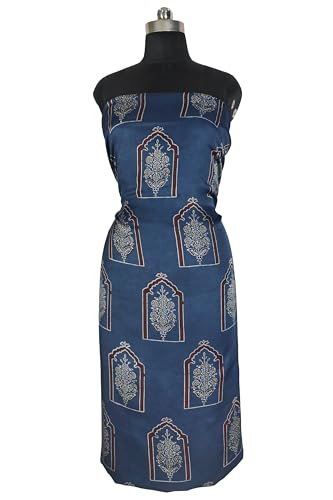 Image of Ethnics of Kutch Women's Ajrakh Modal Silk Natural Dye Hand Block Print Unstitched Kurta Fabric Mtr Length (2.5 Mtrs - Indigo 1710AD)
