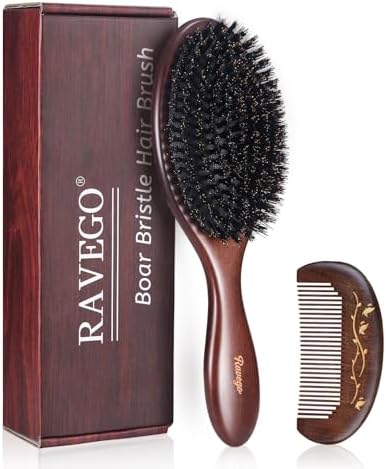 Hair Brush, Boar Bristle Hair Brush for Women Men Kids, Nature Bristles Hairbrush for Thin Fine All Hair Type, Restore Shine And Texture, Set Includes Cleaning Tool