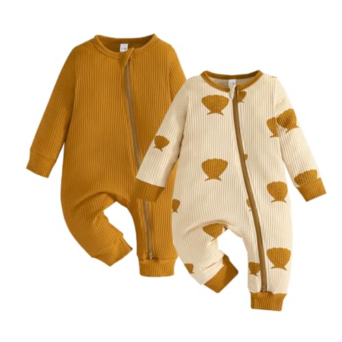 Image of Bafeicao Unisex Baby Boy Girl 2 Pack Rompers Long Sleeve Two Way Zipper Romper One Piece Jumpsuits Clothes Sets