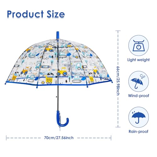 Regenschirm Kinderschirm Stockschirm, Windsicher Robustheit Regen Regenschirm Transparent, Kinderregenschirm Durchsichtig Junge Mädchen, Kuppel-Blasenschirm Durchmesser=70cm Technische Fahrzeuge