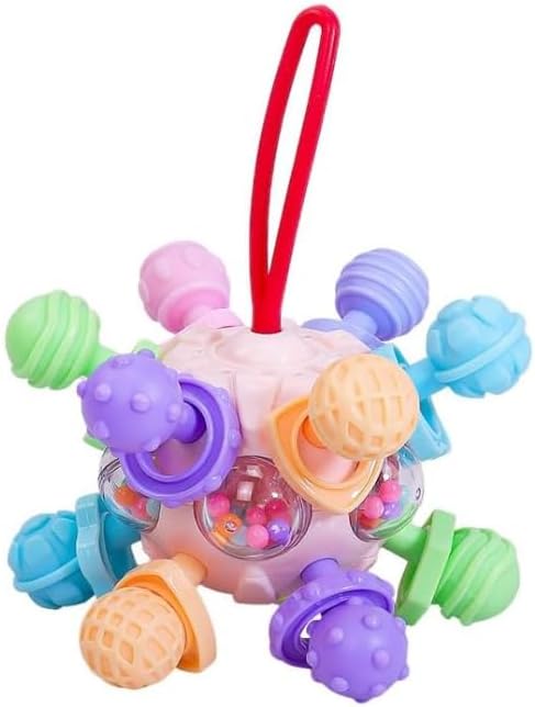 Montessori Grip Rattle Ball Toy 6-12 Months Sensory Grasping Activity Development Silicone Toy for Baby (Pink Ball With Red Handle)