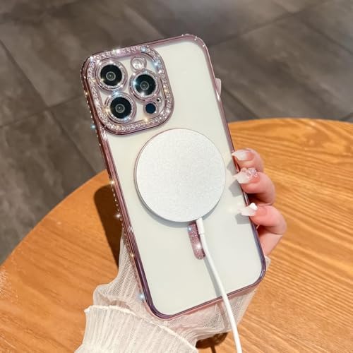 Image of Cute Compatible with iPhone 13 Diamond Glitter Case,Luxury Bling Rhinestone Soft Clear TPU Bumper Case,Compatible with MagSfe and Camera Lens Protection Cover for Women Girls (Pink)