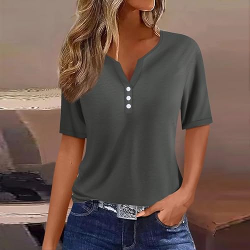 Summer Tops for Women 2025 Trendy Vacation Short Sleeve Button Vneck T Shirt Loose Fitted Boho Graphic Tees Fashion2