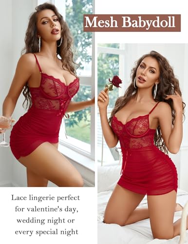 Avidlove Women's Lingerie Sexy Lace Nightwear Spaghetti Strap Nightgown Babydoll Chemise (Dark Red, Small) - image 4
