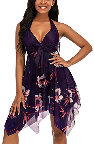 Jouplsar Women s Two Piece Swimdress Swimsuit Mesh Printed Tankini Set Bathing Suits Dress Tummy Control