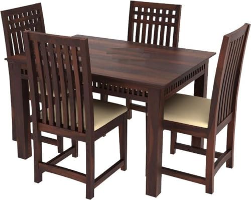 Image of Sheesham Wood 4 Seater Dining Table with Cushioned High Back Chairs for Living Room Home Dining Room Sets Furniture for Dinner Rooms (Mahoghany Finish)
