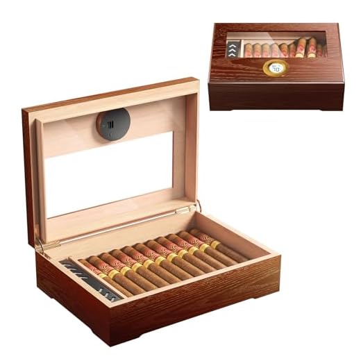 Puffaland Cigar Humidor Box Cedar Wood Brown Men Desktop Case Gift for Father with Glass Top, Digital Hygrometer, Humidifier for 20-25 Cigars
