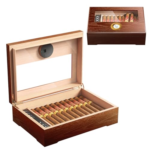 Puffaland Cigar Humidor Box Cedar Wood Brown Men Desktop Case Gift for Father with Glass Top, Digital Hygrometer, Humidifier for 20-25 Cigars