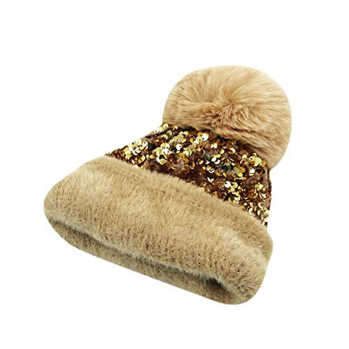 Leomoste Women Girls Winter Sequin Beanie Hat With Faux Fur Pom Pom Knit Skull Cap Gold #TOP4