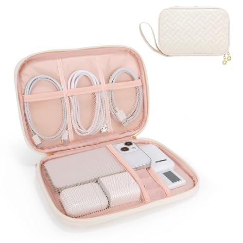 Electronics Organizer Travel Case, Charger Bag Cord Organizer Travel, Compact Tech Pouch Cable Organizer Bag for Charger, Cords, Phone, Headphones, Flash Drive, SD Card (Beige, Small-Single Layer)