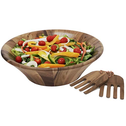 Acacia Wood Salad Serving Bowl 14” With Salad Hands 3 Piece Set By Woodard & Charles #TOP8