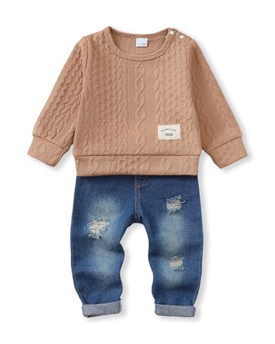 Image of NZRVAWS Toddler Baby Boy Clothes Pullover Sweater Ripped Jean Sweatsuit Little Boy Outfit Fall Winter Clothing Set 6M-7T