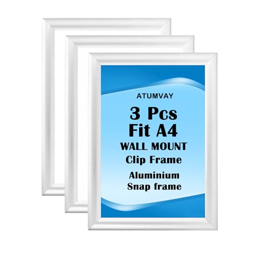 Image of A4 Silver Snap Poster Frame 3pcs, Wall Mount Clip Waterproof Frames, 25mm Aluminum Front Opening Snap Frame Display Holder for Poster Artwork Picture Home and Office
