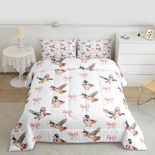 Image of Feelyou Bow Mallard Duck Pink Bedding Set Full Size,Hunting Duck Bowknot Girly Comforter Set for Kids Teens Room Decor Farmhouse Rustic Quilt