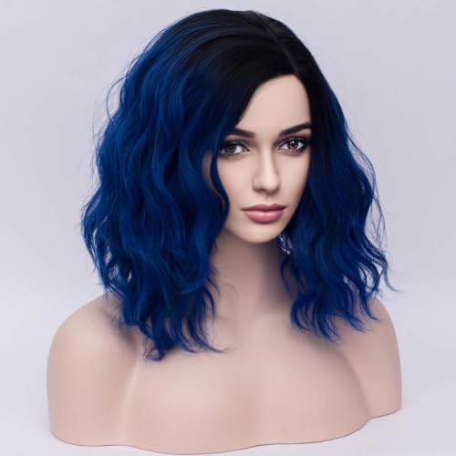 Image of BERON Black and Blue Wigs for Women Girls Short Curly Bob Wavy Hair Wig Ombre Dark Blue Body Wave Heat Resistant Synthetic Cosplay Daily Party Wigs