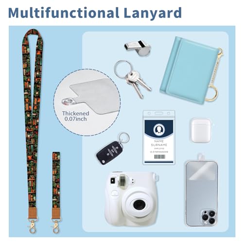 Lanyard Wallet with Id Badge Holder, Bookshelf RFID Small Keychain Wallet Women Wristlet, Cute Zipper Credit Card Holder Phone Wrist Neck Strap for Key Name Tag, Teacher Student Office Gifts