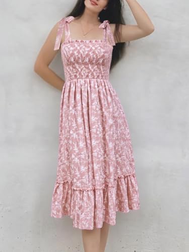 Image of Imily Bela Womens Summer Floral Maxi Dress Boho Tie Strap Sleeveless Smocked A Line Beach Sundress Long Dresses