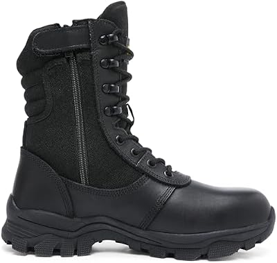 DahWe Men's Tactical Boots - Steel Toe Side Zipper, 8 Inch Black, Size 10.5 M US