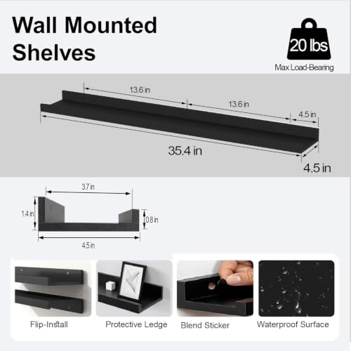 Image of Black Floating Shelves for Wall Decor, 36 in Shelf with Lip Set of 2