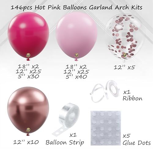 Image of AFTERLOON Biodegradable Natural Rubber Latex 146pcs Hot Pink Metallic Confetti Different Sizes 18 inch 12 inch 10 inch 5 inch Plastic-Free Alternative Balloon Garland Arch Kit perfect for Decor, Baby Shower, Wedding