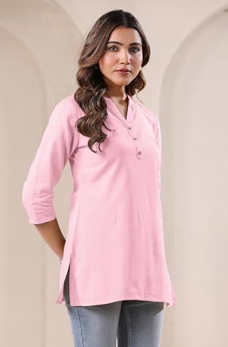 Image of Janasya Women's Light Blue Linen Cotton Solid A-line Top