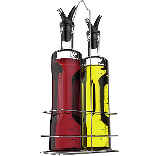 Vremi 17 oz Olive Oil and Vinegar Dispenser Set - Clear Glass Cruet Bottles for Cooking with No Drip Double Pourer Spout Stoppers and Stainless Steel Holder Stand - Kitchen Dispensing Cruets - Black