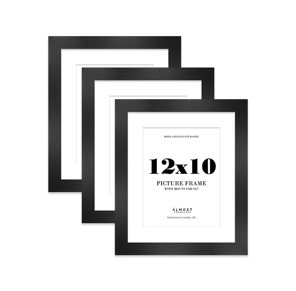 12x10 Black Frame With Mount for 9x7 Pictures 28mm Edge Portrait and Landscape Display with Wall Hooks and Kickstand, 3 Pack